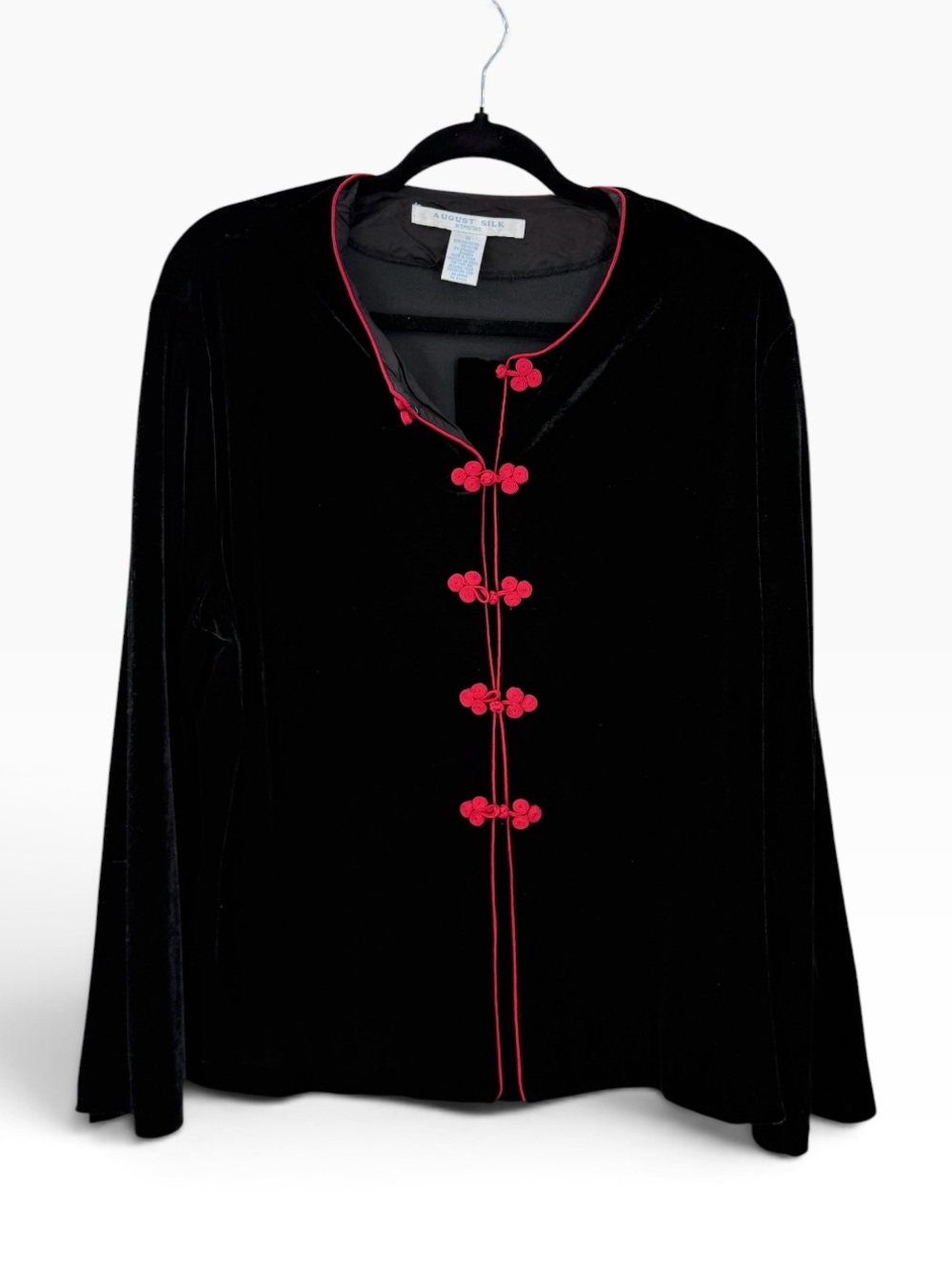 Vintage 90s August Silk Black Velvet Top M Red Oriental Frog Closure